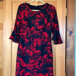 Cynthia Steffe red flower dress. Beautiful luxe feel with bell sleeves.